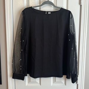 Black Dress Blouse with Sheer Sleeves and Pearl Details NWOT